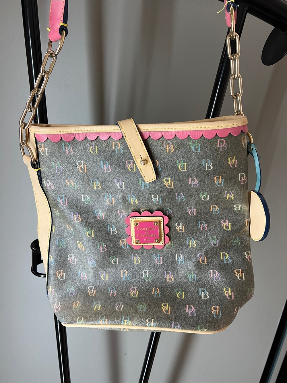 Dooney & Bourke Multicolor DB Logo Shoulder Bag with Pink Trim and Cream Accents